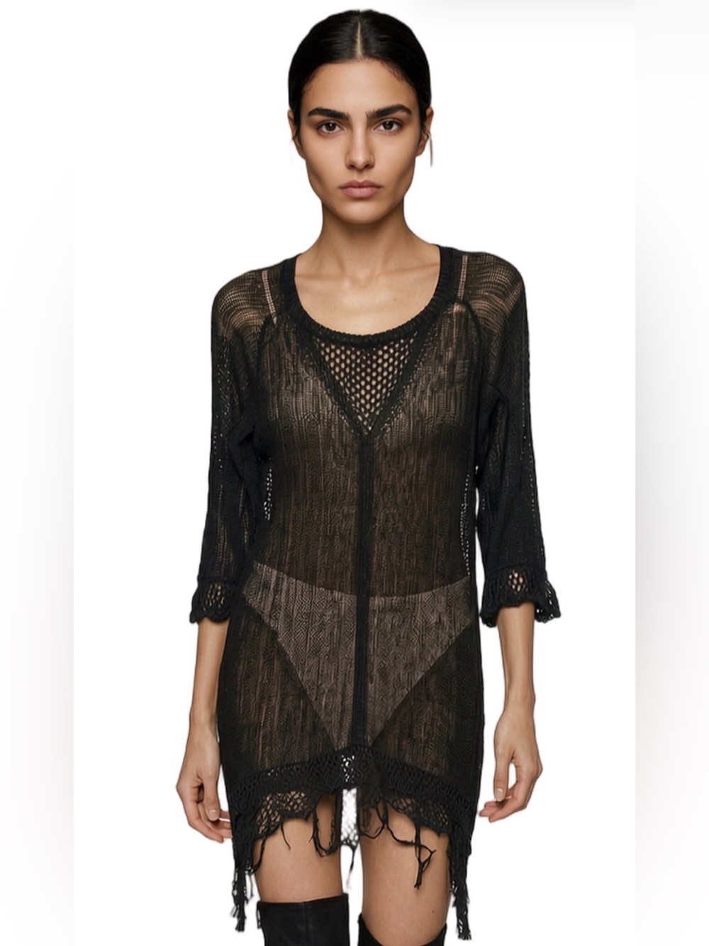 THE UNBRANDED BRAND Black Distressed Tunic Sweater 3/4 sleeves Open Weave Sheer